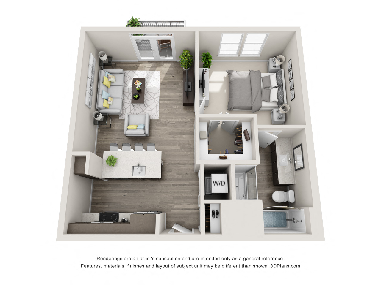 Floor plan for 1 bed, 1 bath, 729 sqft